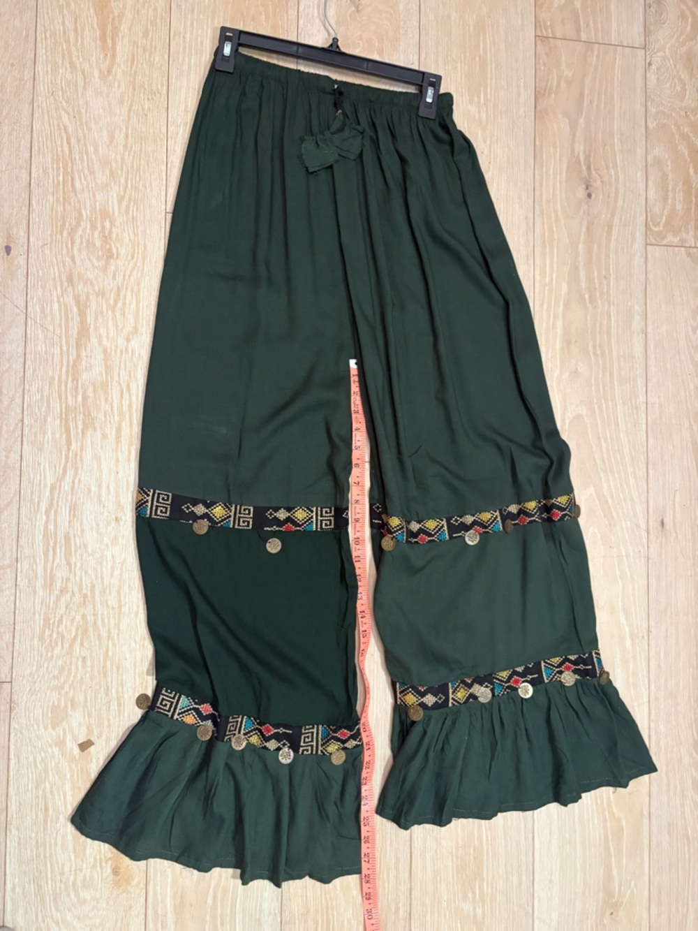 Source Unknown Dark Green Wide Leg Embroidered Ruffle Pants